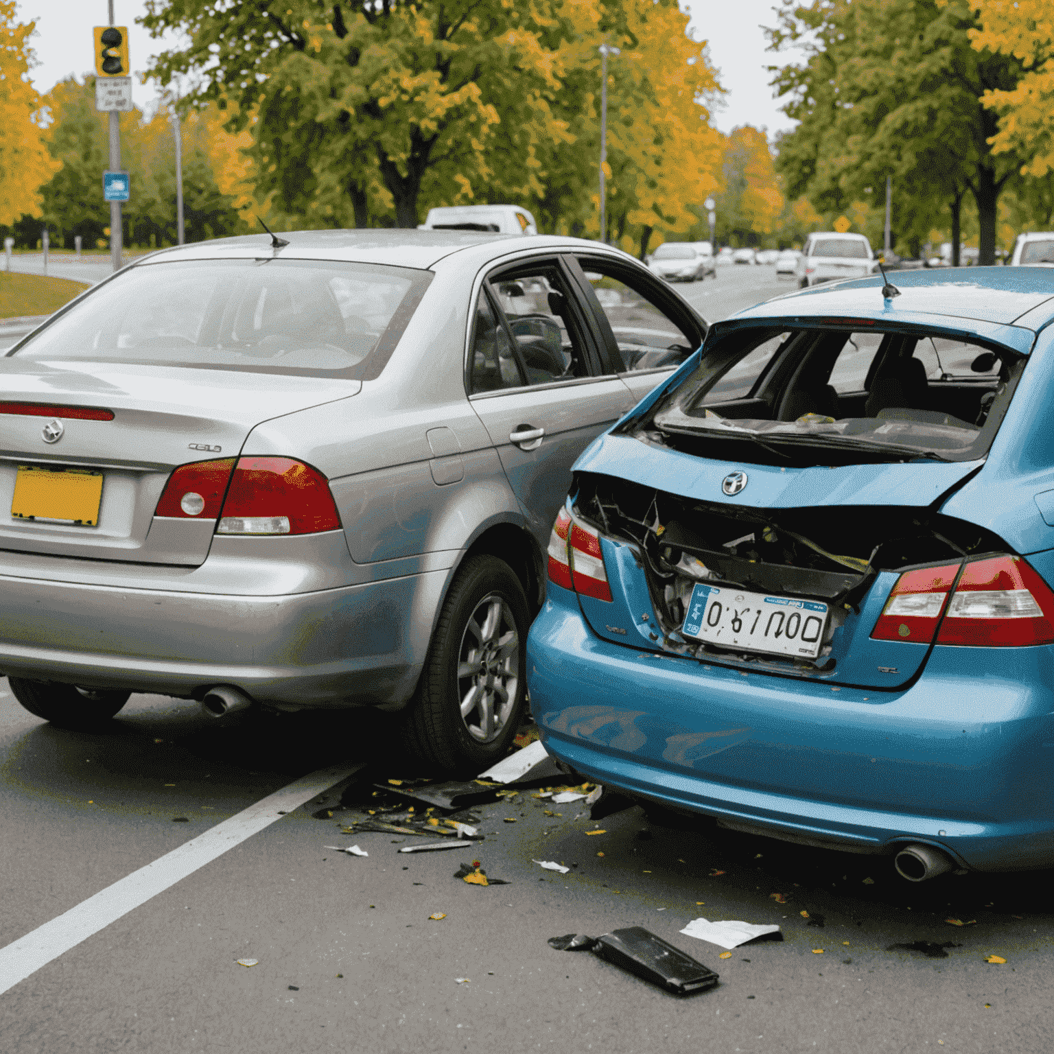 Een auto betrokken bij een ongeval met een andere auto, wat de noodzaak van aansprakelijkheidsverzekering voor derden illustreert