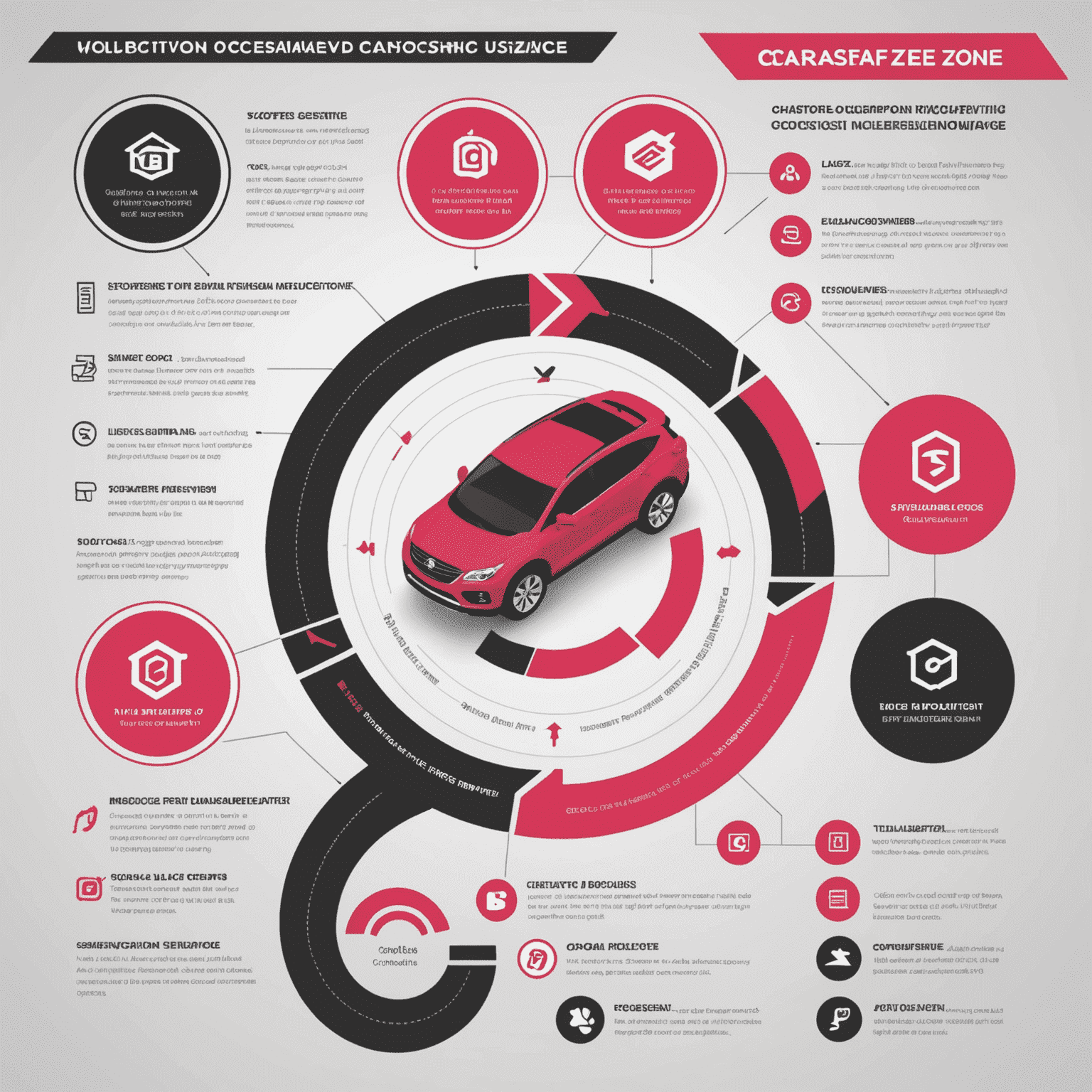 Een infographic die het claimproces van CarSafeZone visualiseert, met iconen voor elke stap: melding, beoordeling, schadebeoordeling en uitbetaling. De afbeelding gebruikt de kleuren rood, roze, zwart en wit in een moderne, vloeiende stijl.