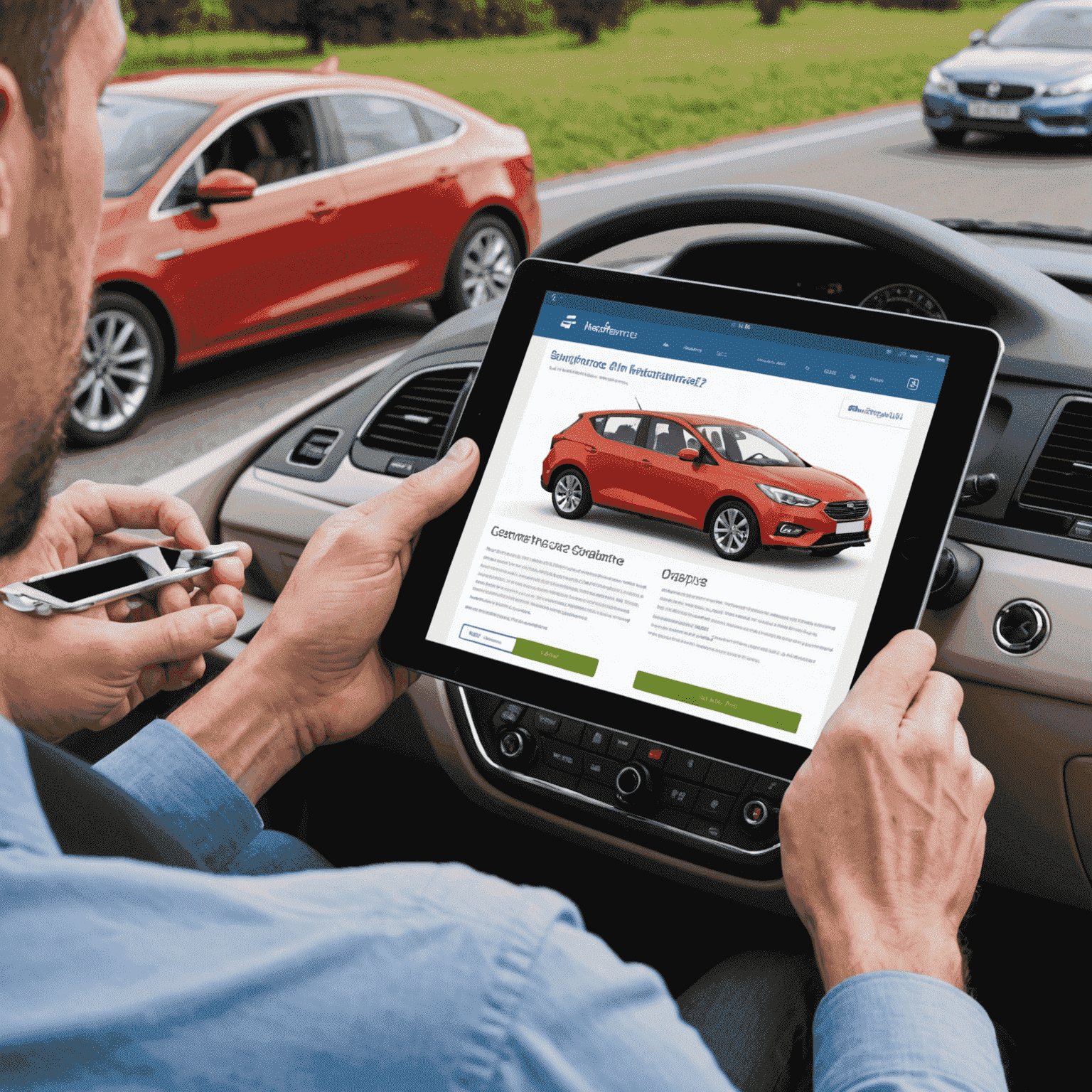 Een persoon die een tablet gebruikt om online een autoverzekering af te sluiten, wat het gemak van ons digitale proces illustreert
